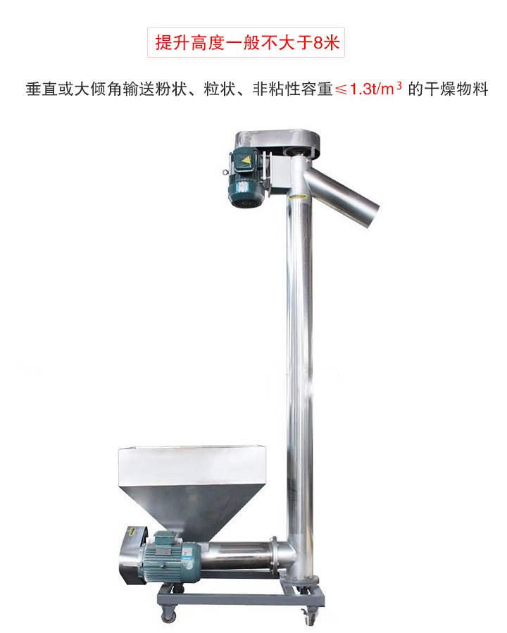 立式輸送機(jī)垂直或大傾角輸送粉狀、粒狀、非粘性容重≤1.3t/m   的干燥物料